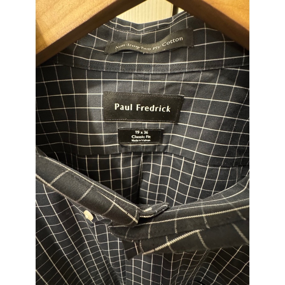 Paul Fredrick Mens Dress Shirt 19x36 Classic Fit Non-Iron Cotton Navy Windowpane - Picture 4 of 9